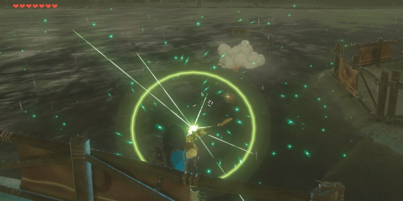 Zelda Breath of the Wild elemental electric bow firing radiating light while raining