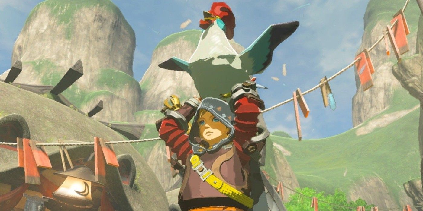 Zelda Breath of the Wild holding Cucco over his head ready to throw it
