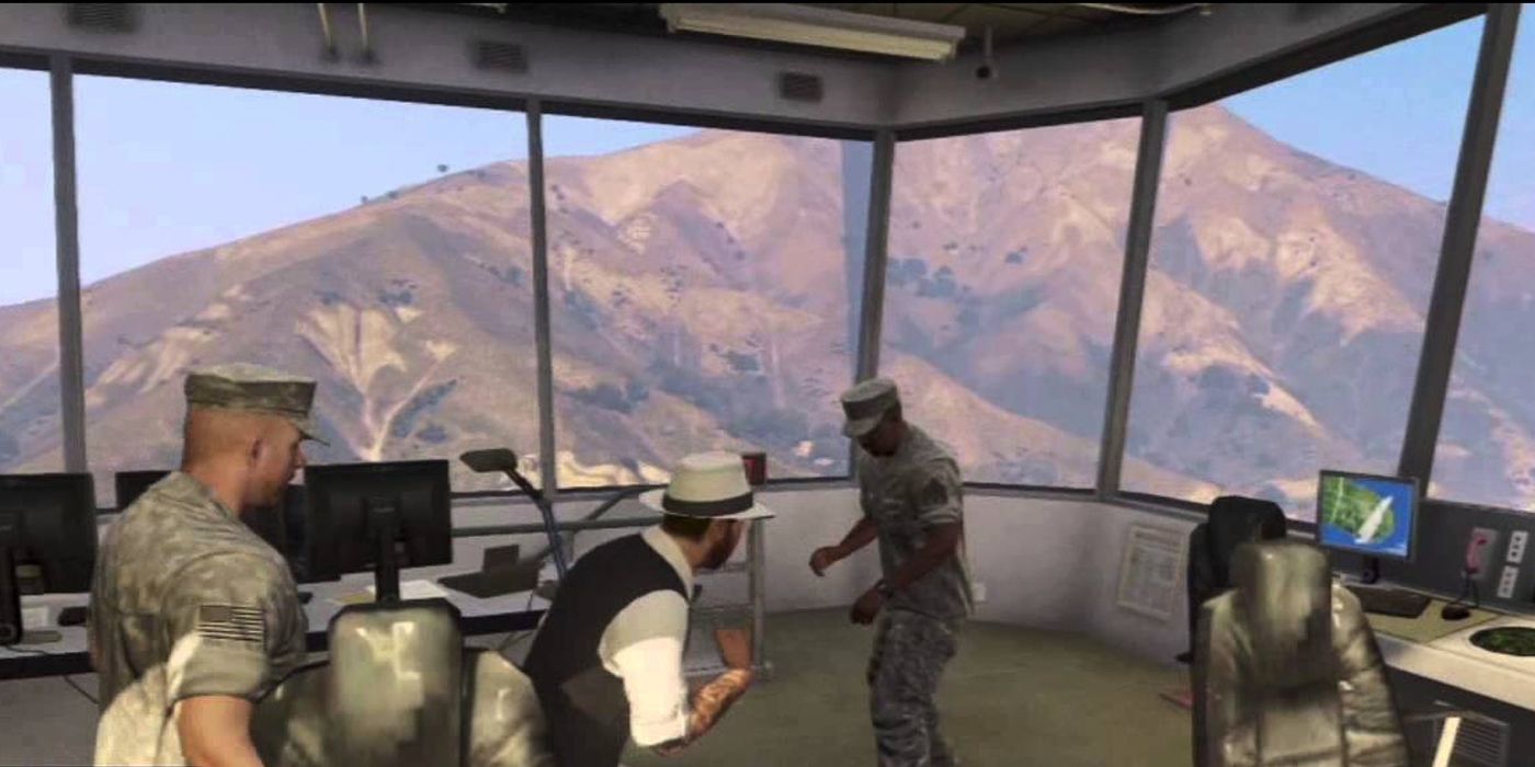 Inside the military tower of Fort Zancudo in Grand Theft Auto V