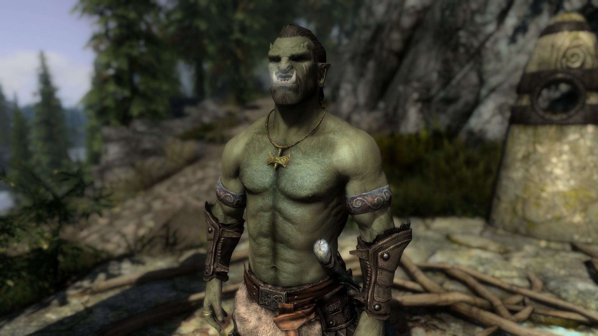 Orc character in Skyrim stood by the standing stones