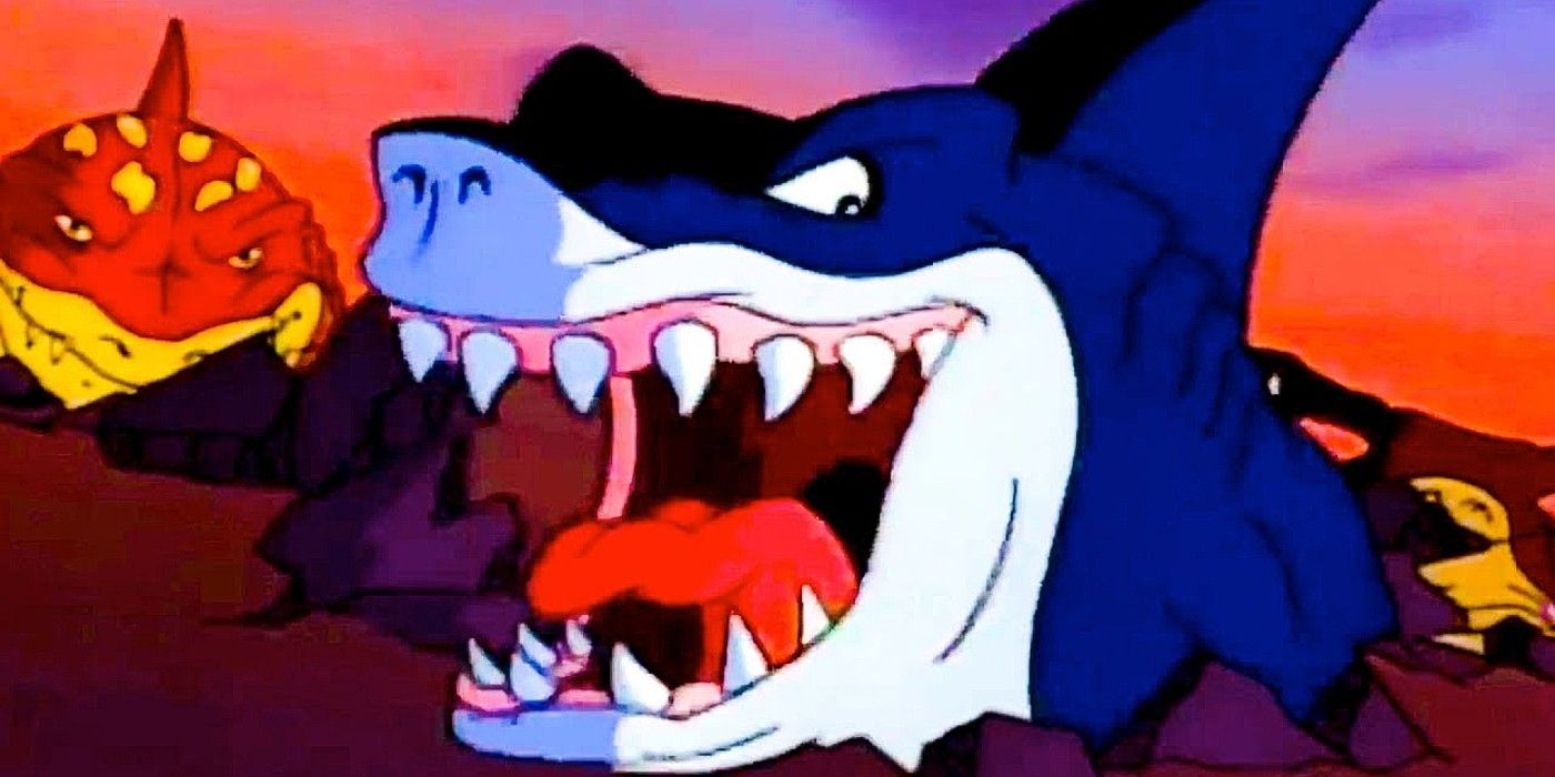 Street Sharks cartoon open-mouthed shark close up in water