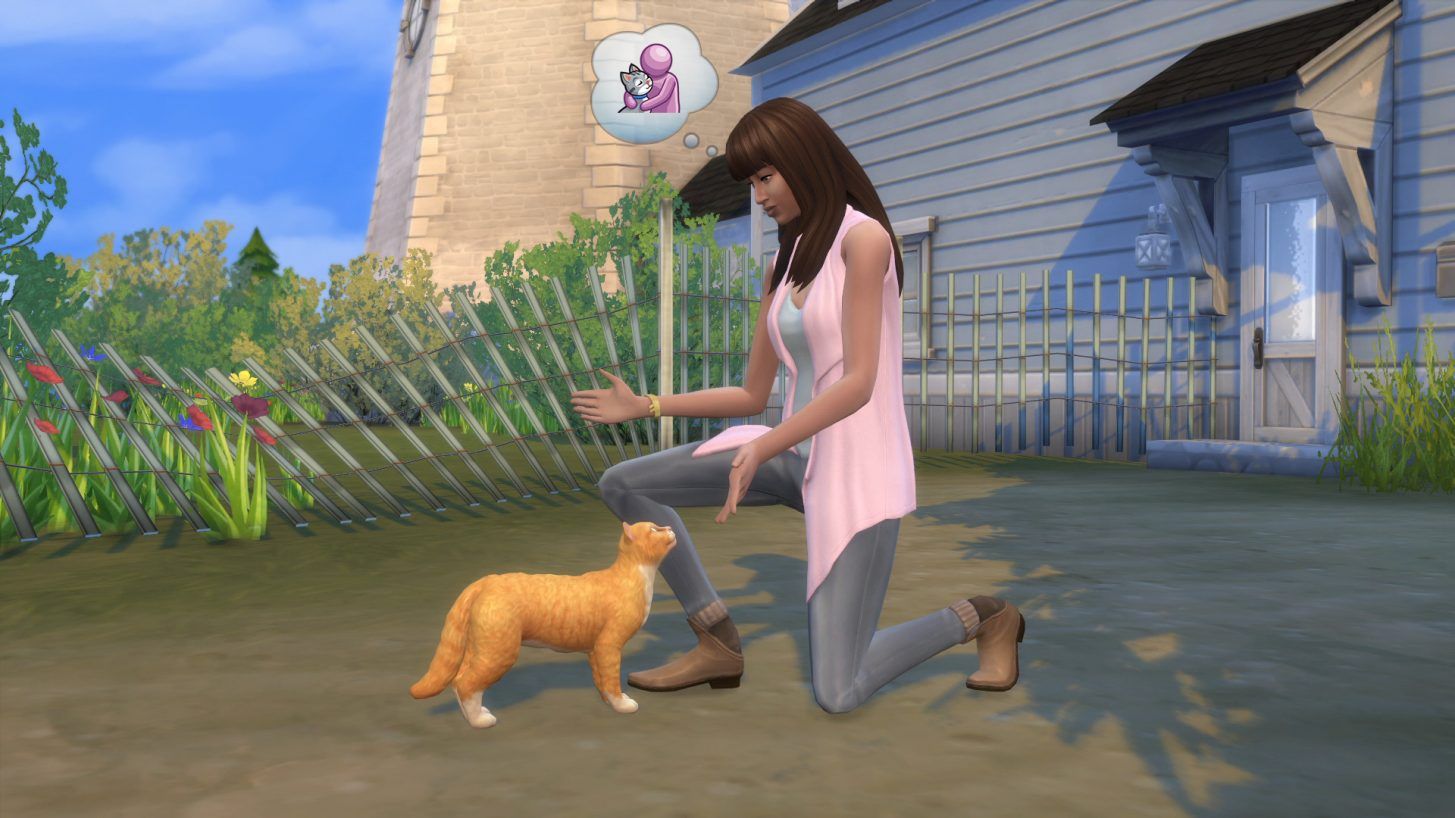 A sim leaning down to stroke a stray pet