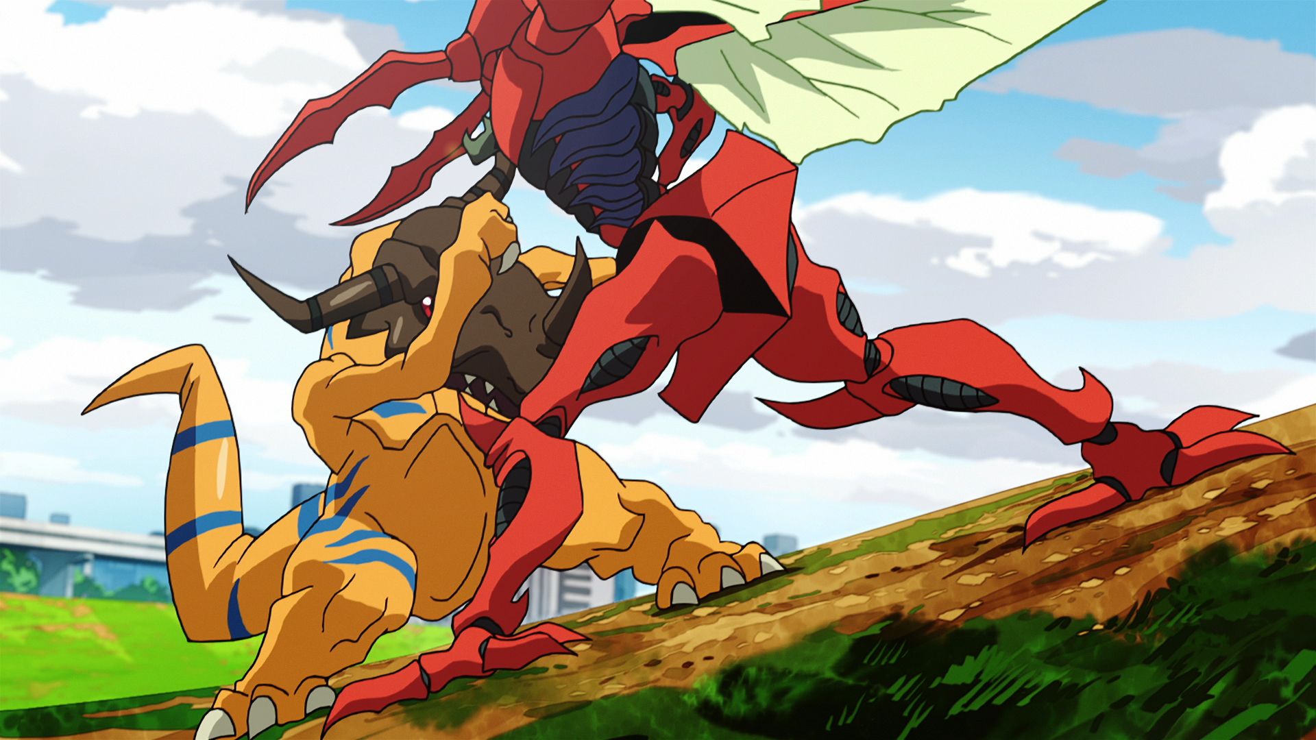 Greymon fighting Kuwagamon in Digimon Tri.