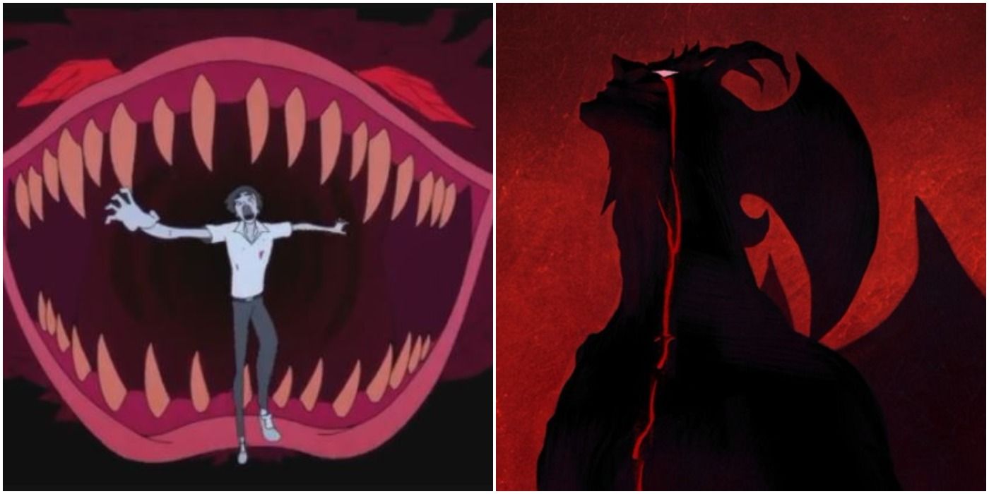 Devilman Crybaby, Akira being consumed by a demon accompanied by an image of the titular Devilman