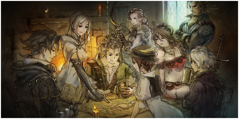 Octopath Traveler key artwork of the team assembled around a table.