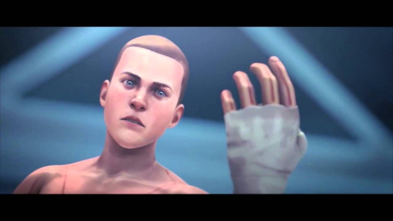 Young Master Chief looking at his hand in animated film