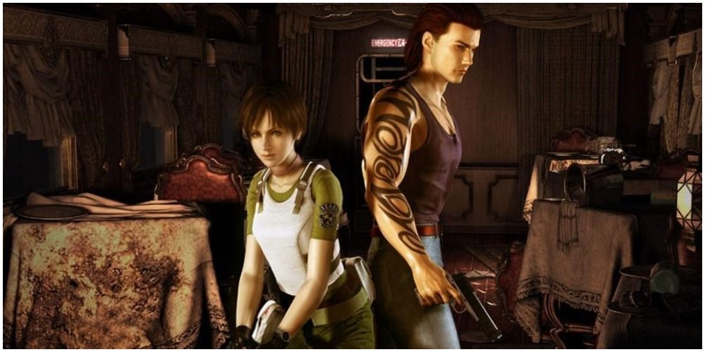 Resident Evil Zero characters stand back to back, guns at the ready
