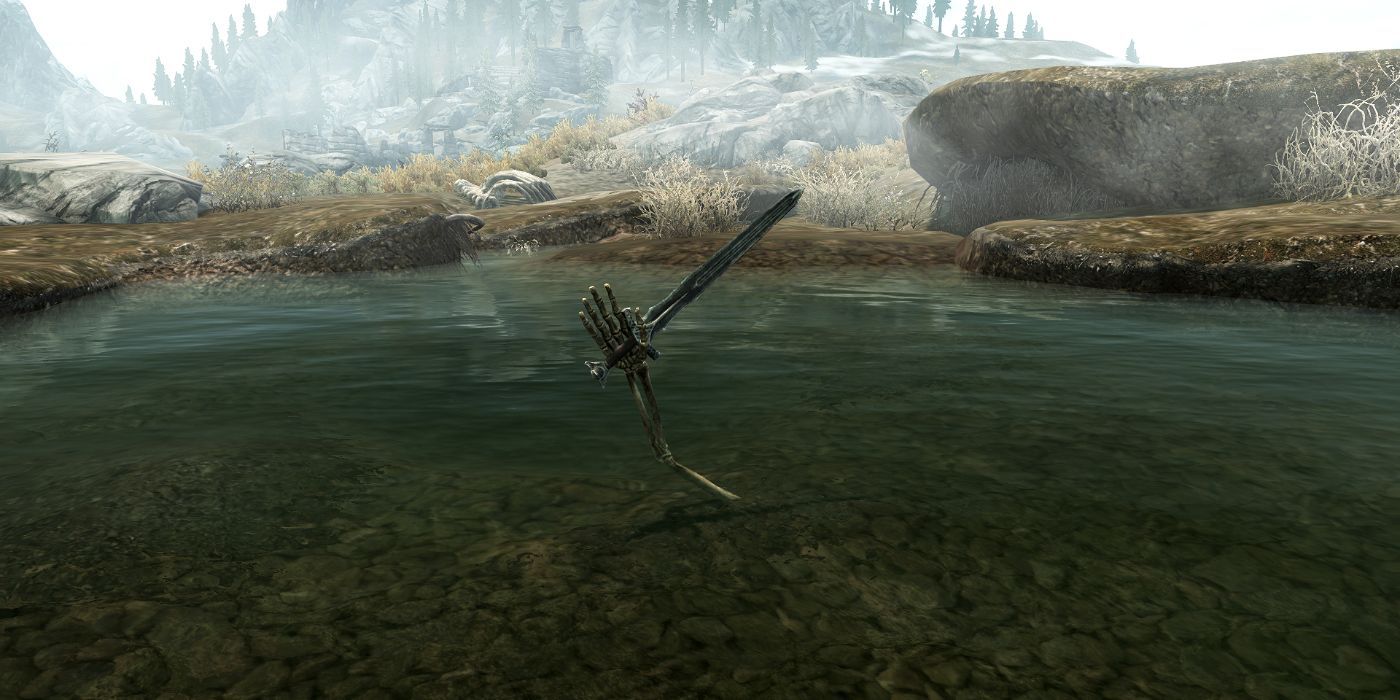Skyrim Skeleton's Arm Extending From Water With A Sword