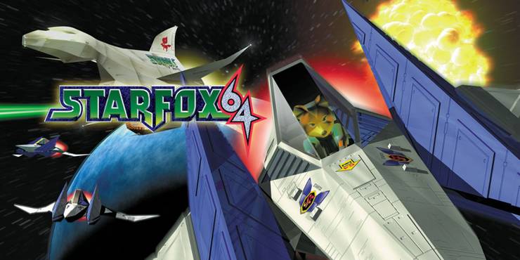 Star Fox 64 - Fox McCloud Flying His Arwing With Two More Arwings And The Great Fox Behind Him