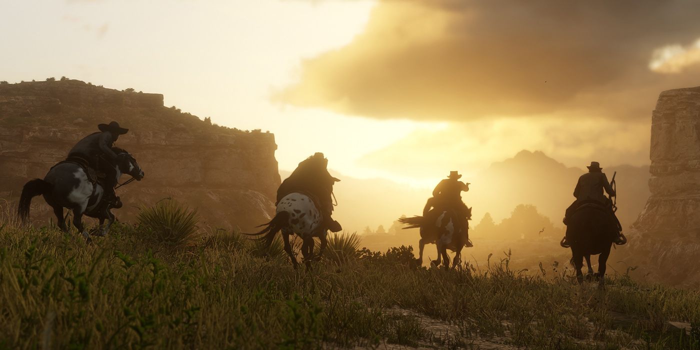 The Gang Running Through The Mountains On Horseback In RDR2