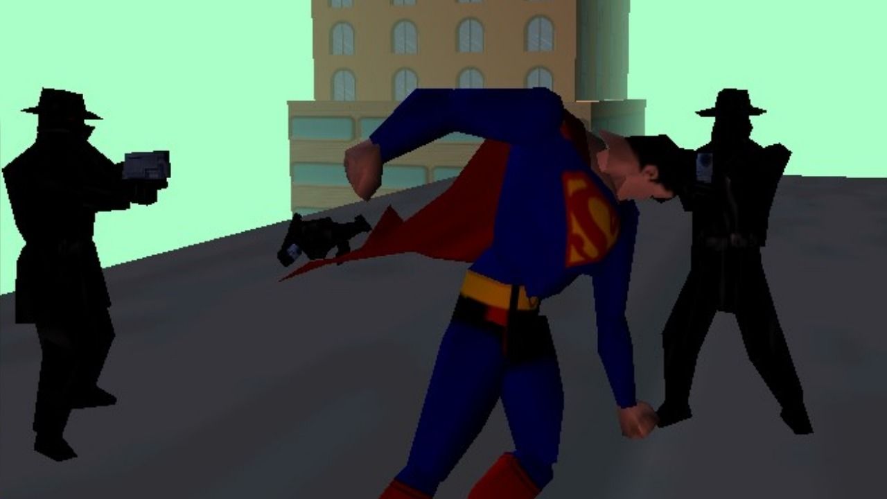 Superman in combat with two men on rooftop 