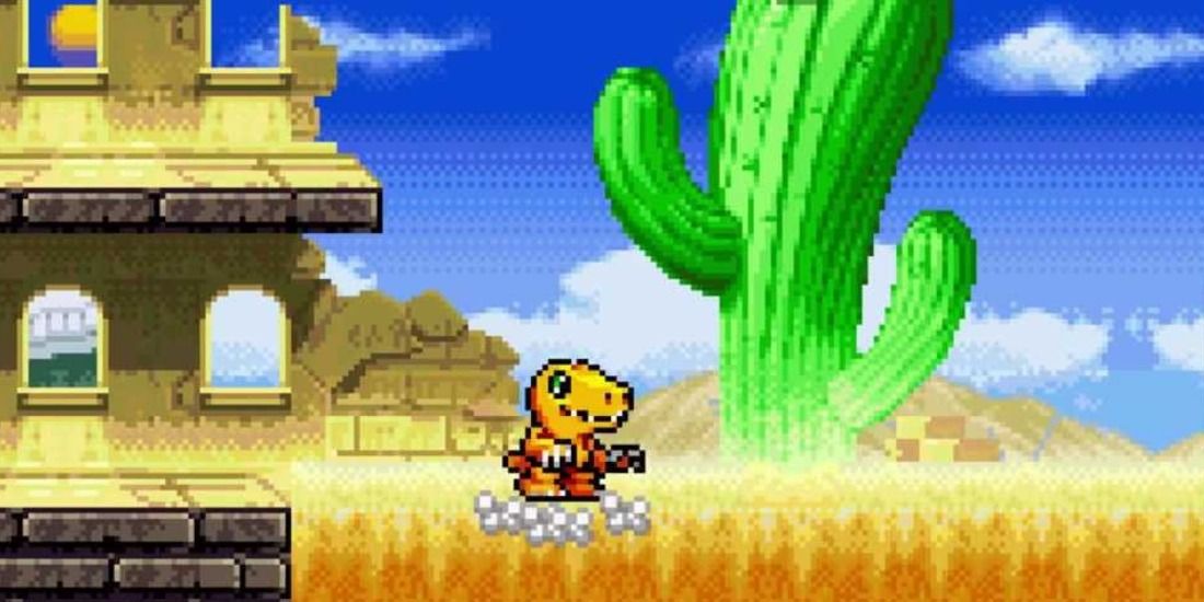 Agumon exploring a desert in Digimon Battle Spirit