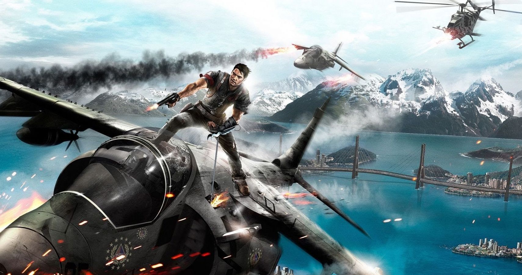 Just Cause 2 protagonist riding a plane above an ocean