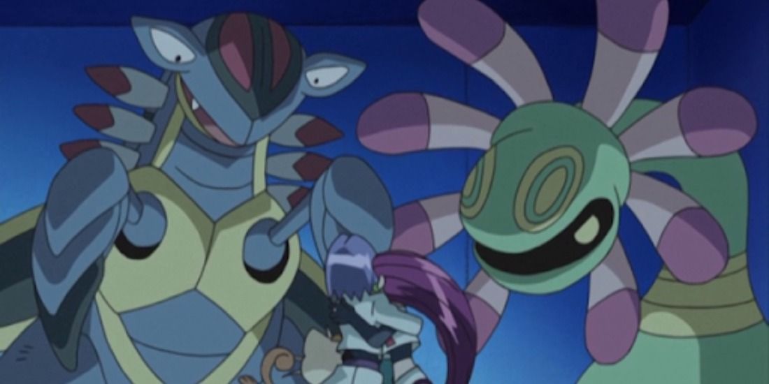 Armaldo and Cradily frightening Team Rocket in the Pokemon anime