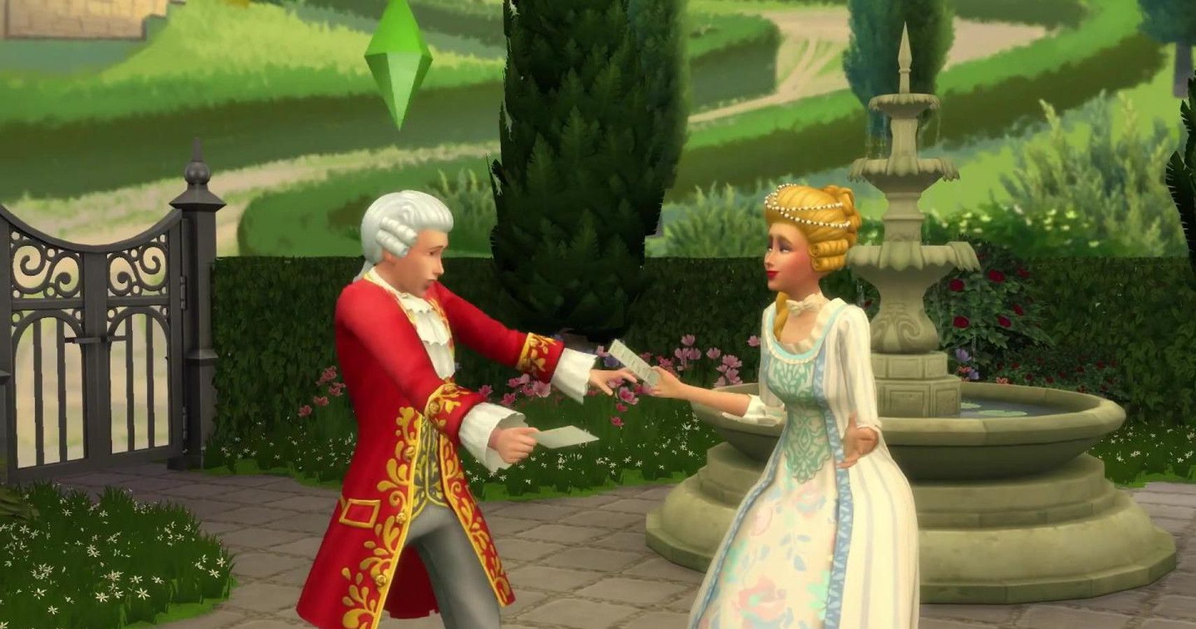two sims in vintage clothing performing an acting scene together in The Sims 4 Get Famous in the acting career