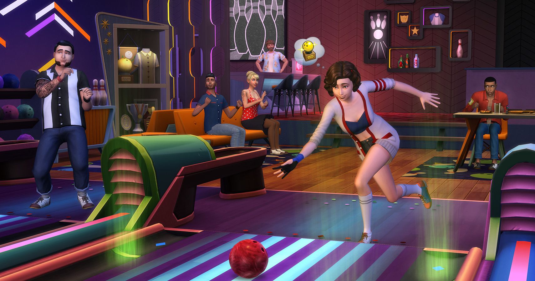 A sim bowling as friends look on.