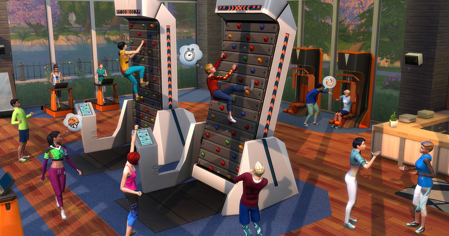 Fitness Stuff promotional shot of sims using the climbing walls.