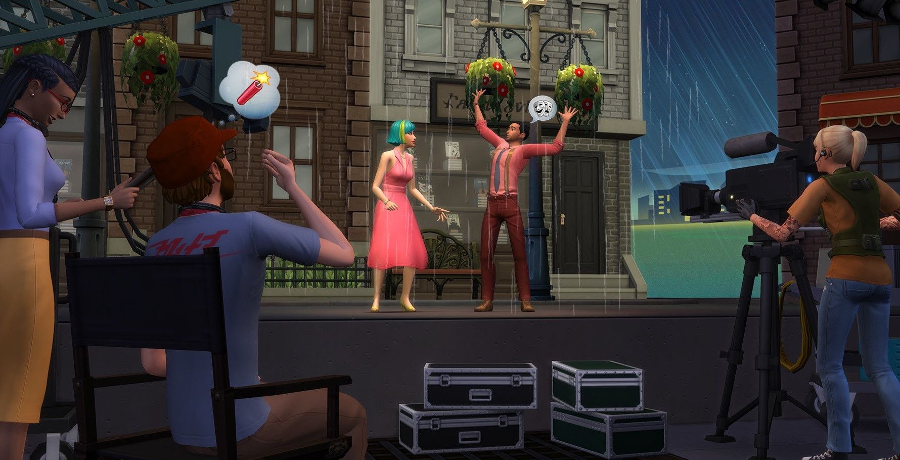two actors on stage performing a scene on film in the acting career in the sims 4 get famous