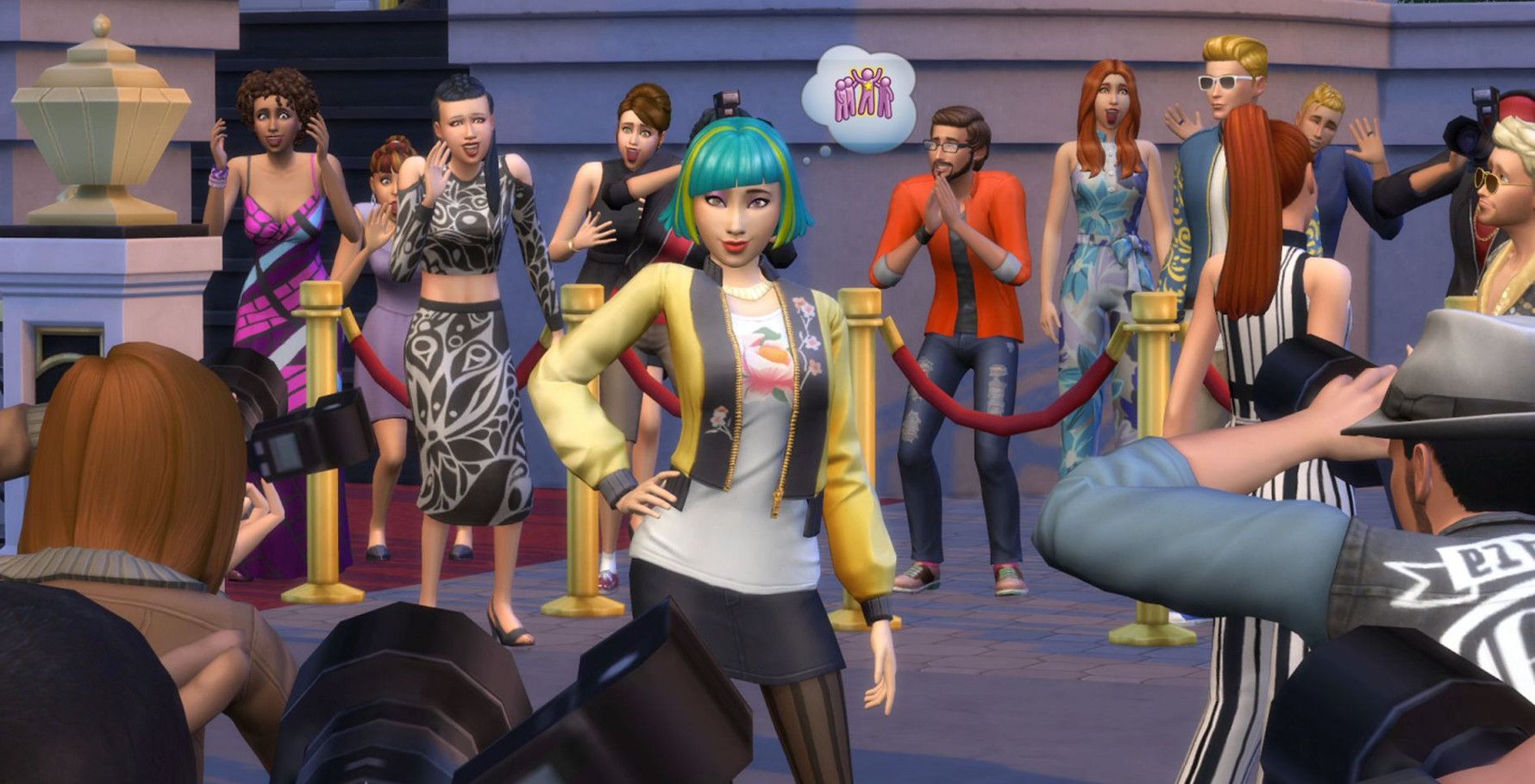 a red carpet event in the sims 4 get famous with papparazzi taking photos for our sims 4 actor career guide