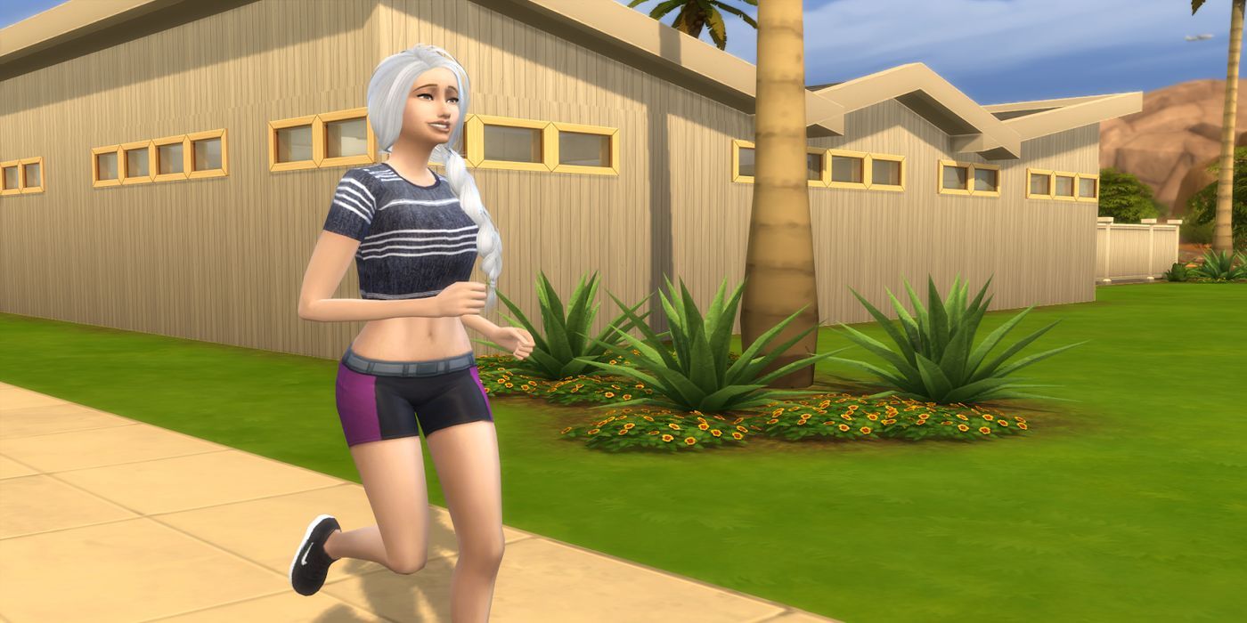 sim with white hair going for a jog