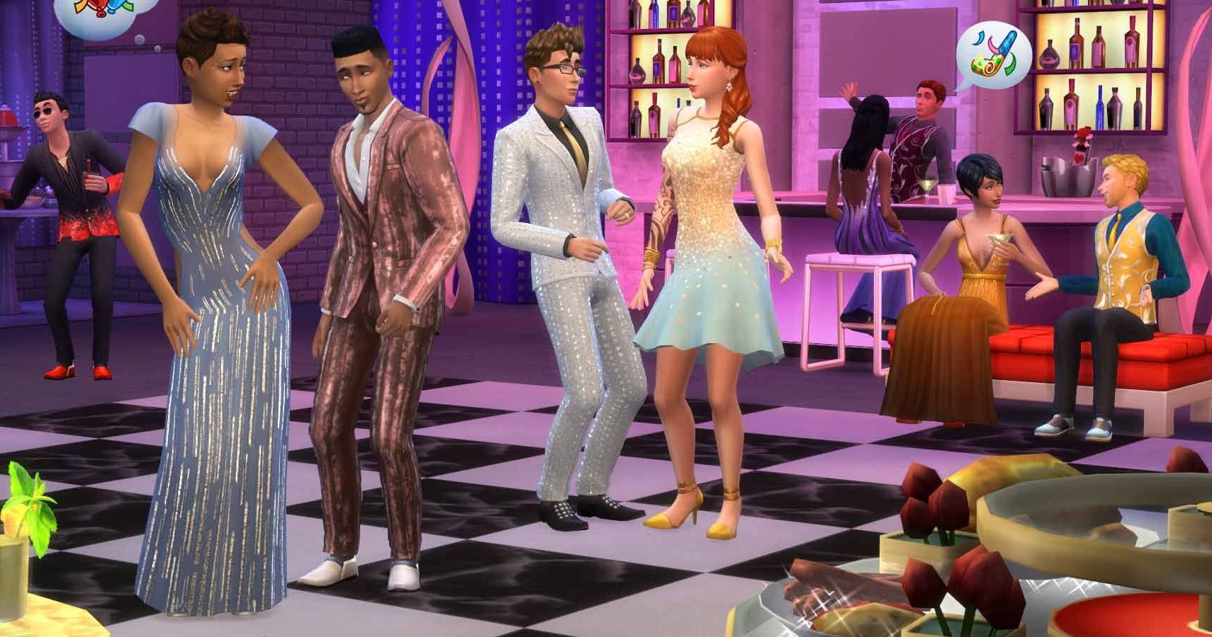 Dressed up Sims dancing at a party.