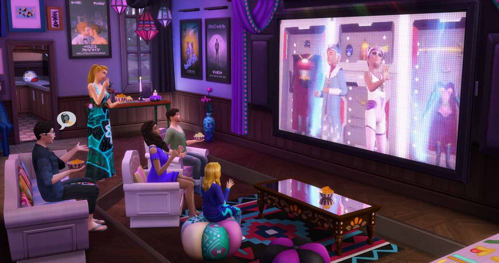 A group of sims watching a movie on a big screen.