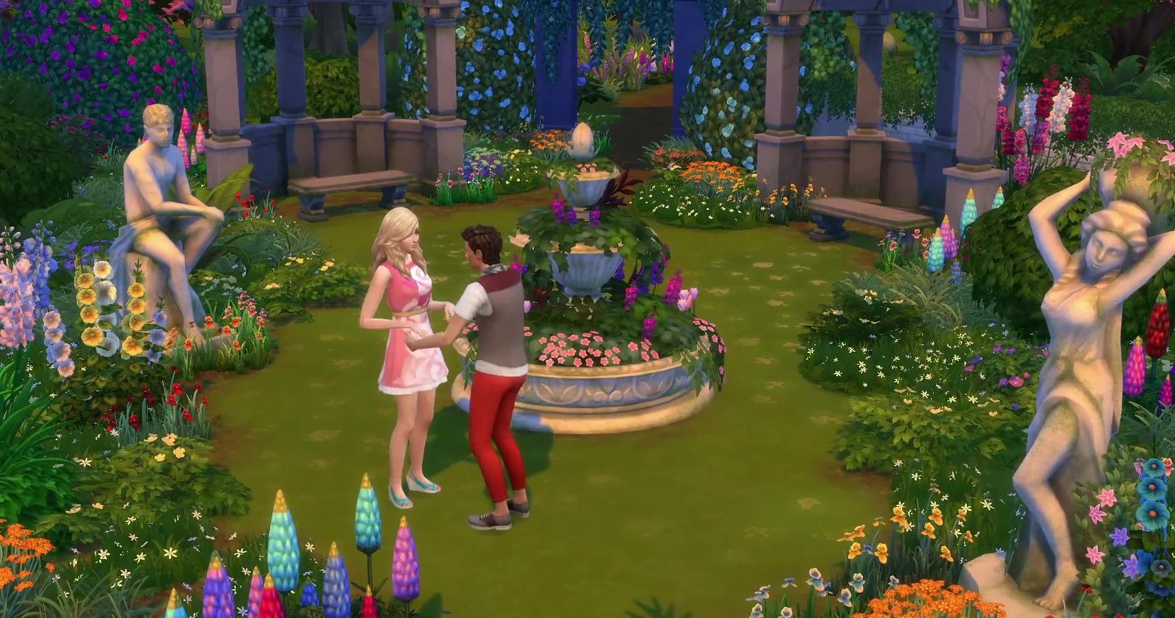 two sims in a romantic garden.