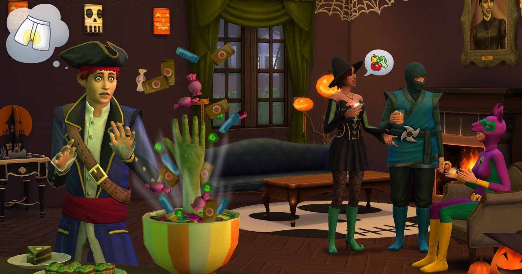Sims at a spooky party with candy bowl.