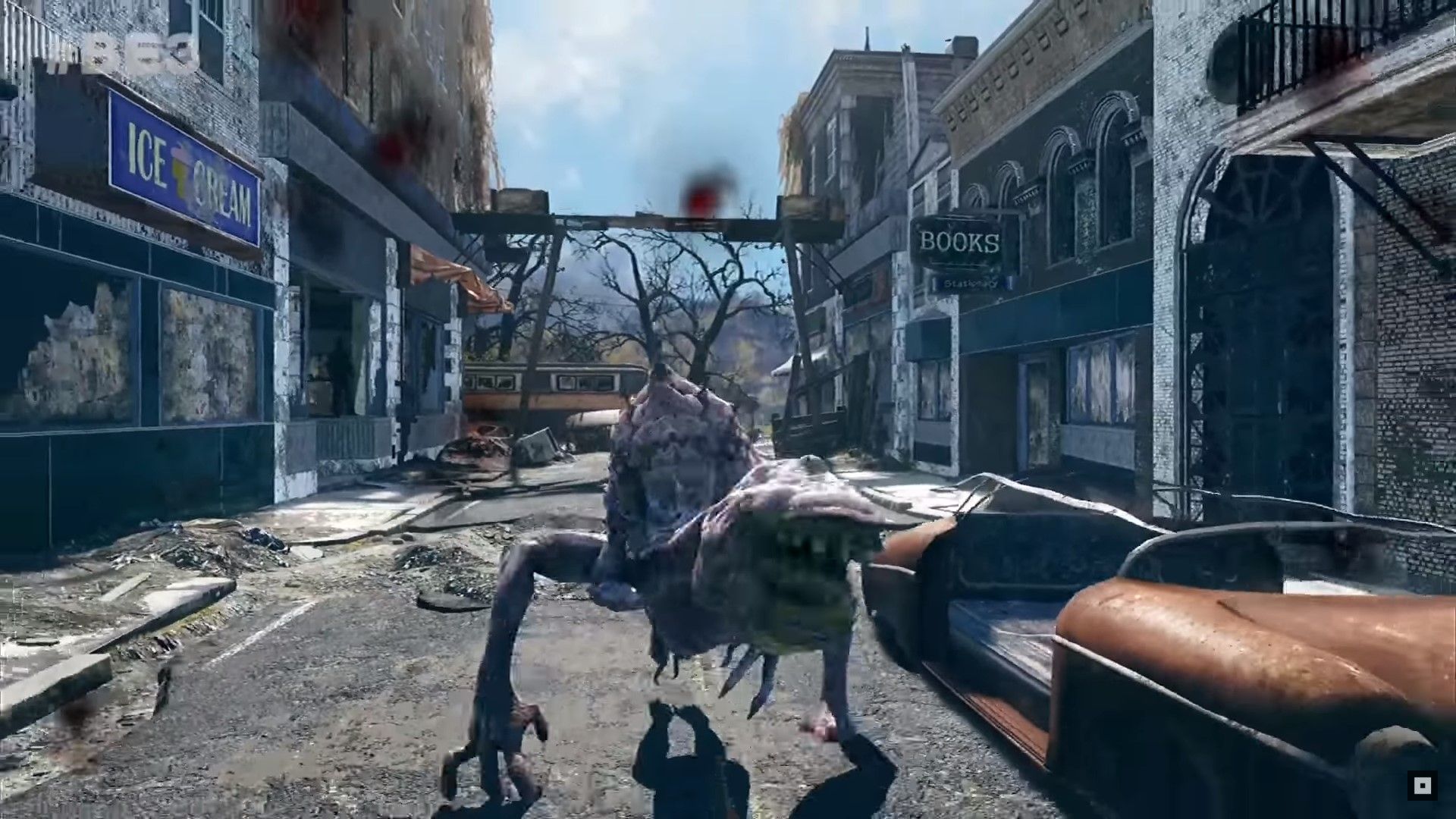 the snallygaster walking through a street towards the player