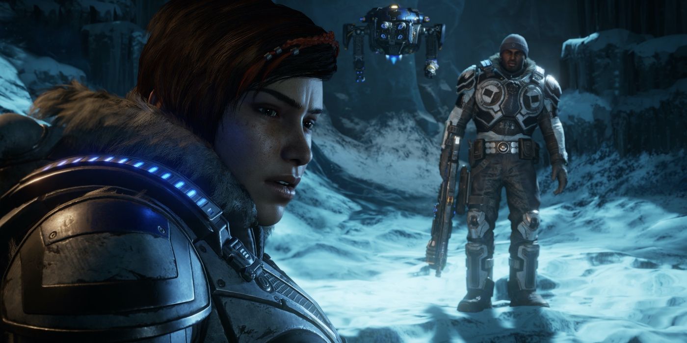 Gears 5 Screenshot Of Kait, Jack, and Del in the snow
