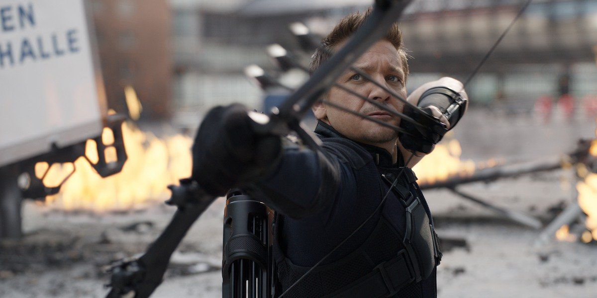 Hawkeye aiming his bow and arrow in the MCU