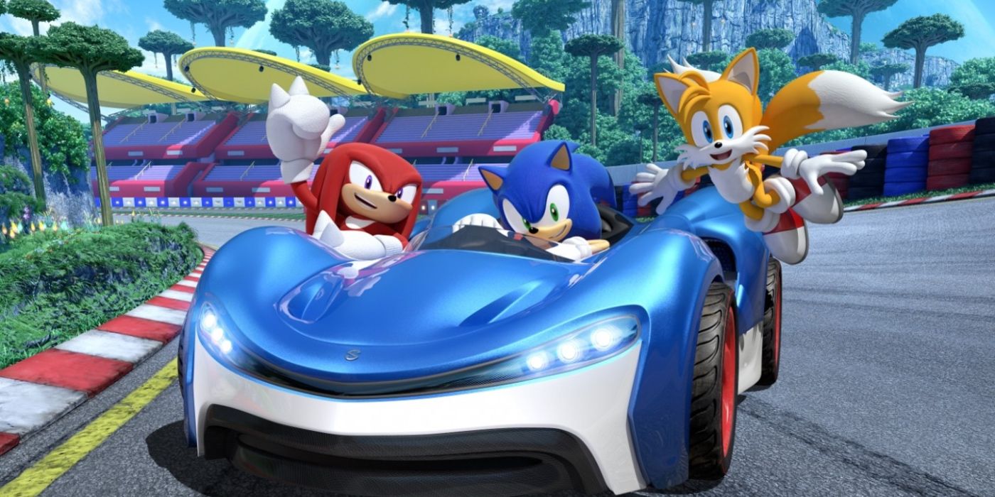 A screenshot showing Sonic, Knuckles and Tails in Sonic Team Racing