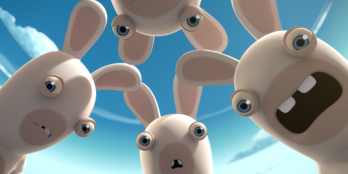 Four Rabbids looking at you while being shocked at your face