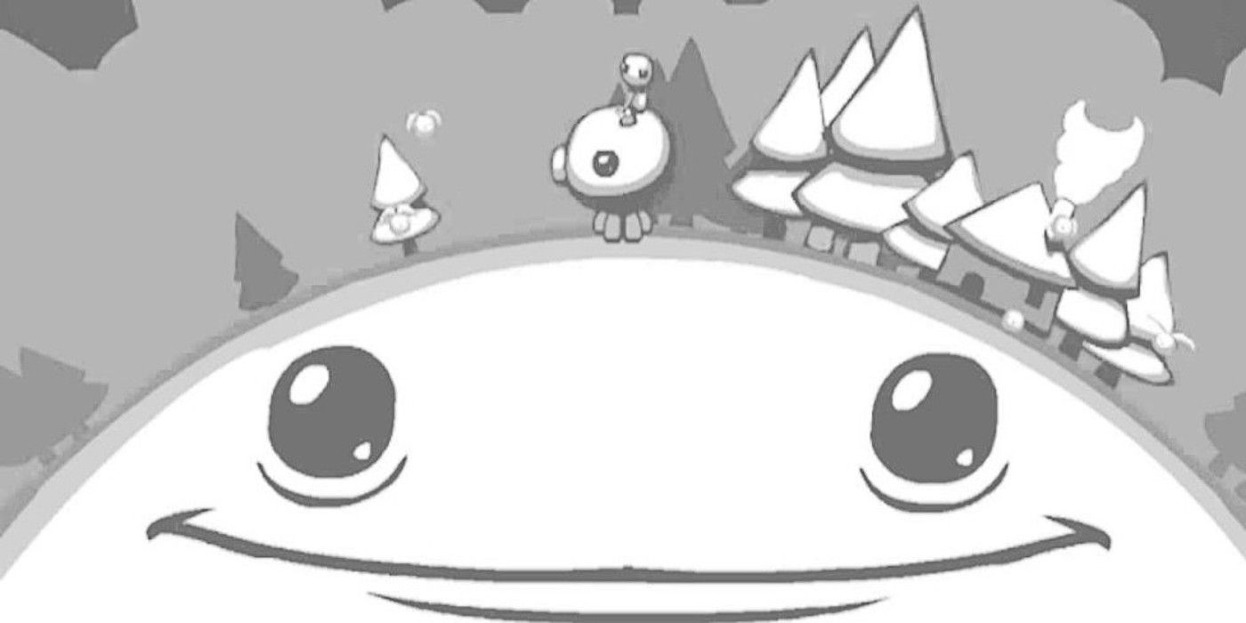 The main character in Aether on the octopus creature standing on top of a black and white planet that's smiling.