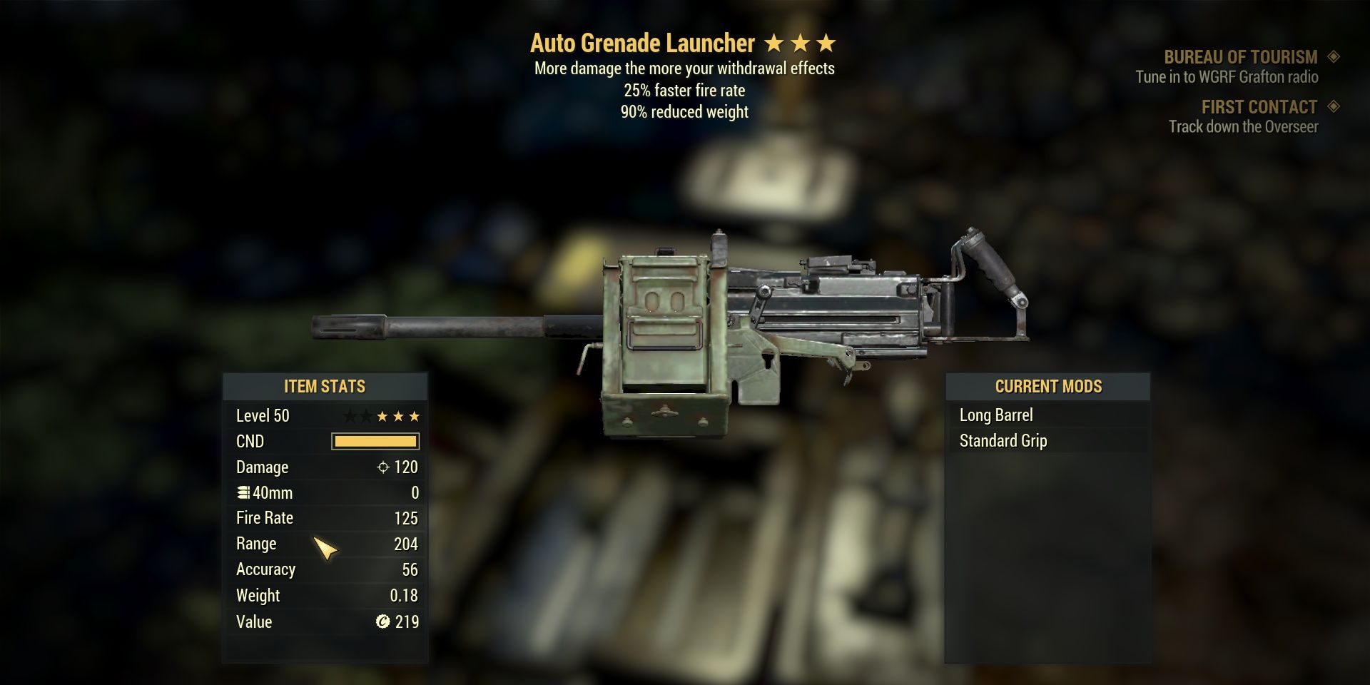 Auto Grenade Launcher's weapon stats and mods page.