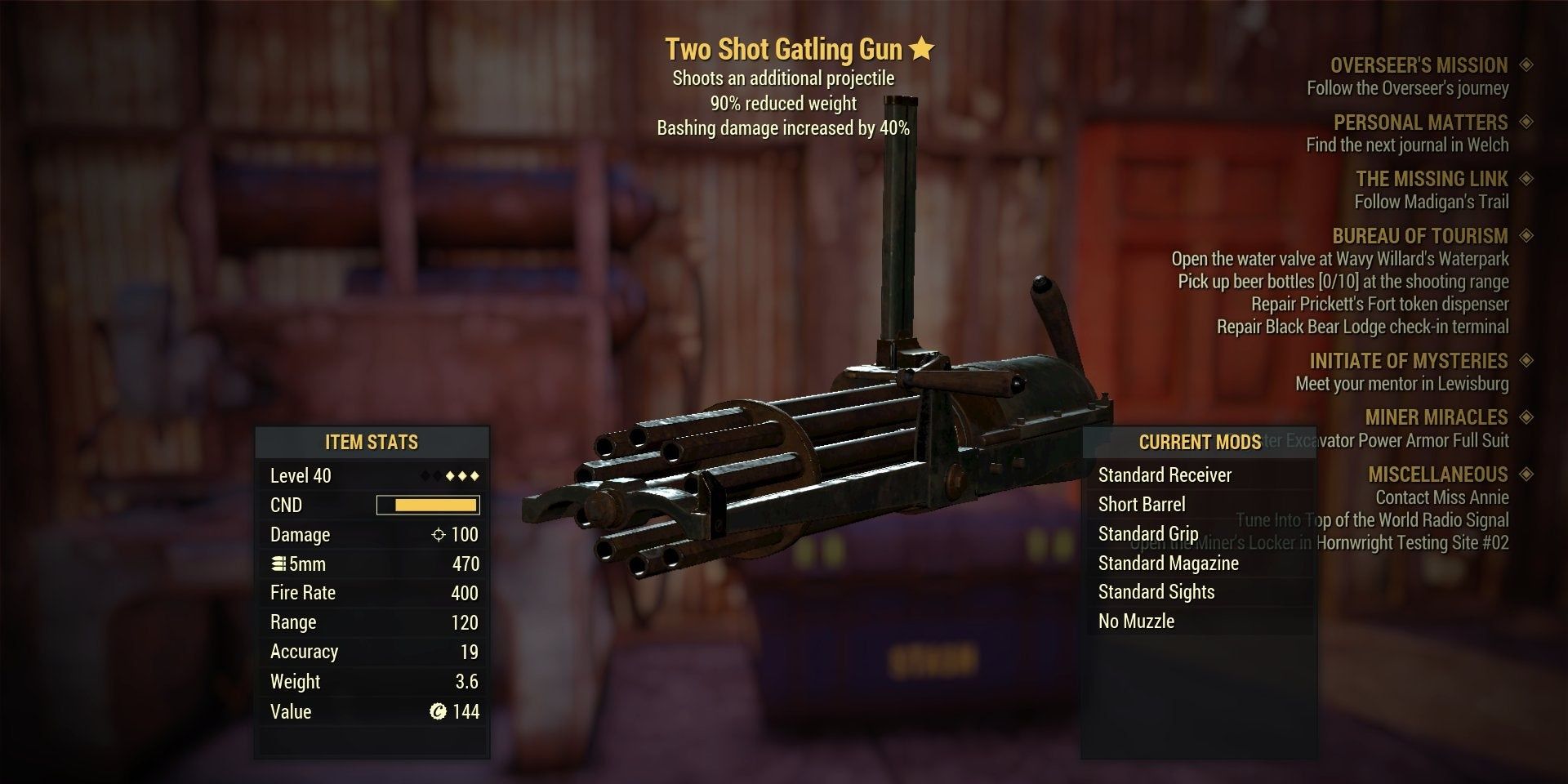 The Gatling Gun's damage stats and mods equipped.