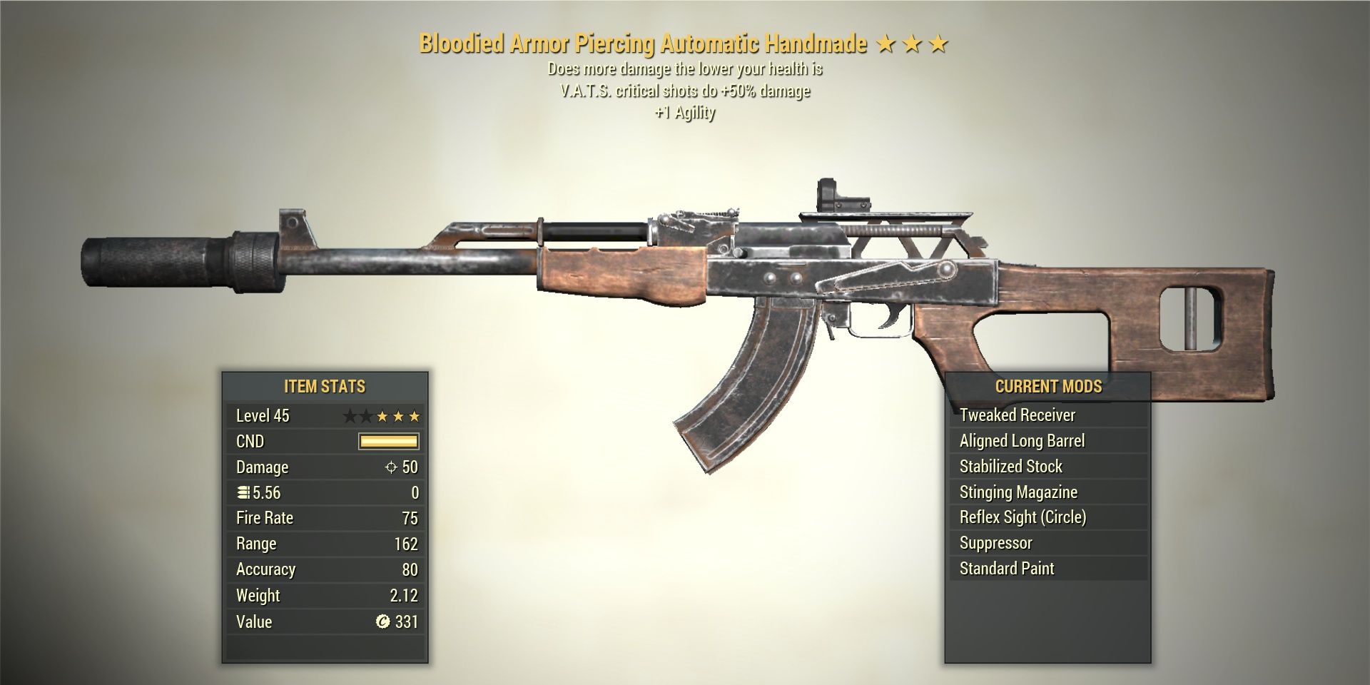 The Handmade Rifle's stats and mod page in Fallout 76