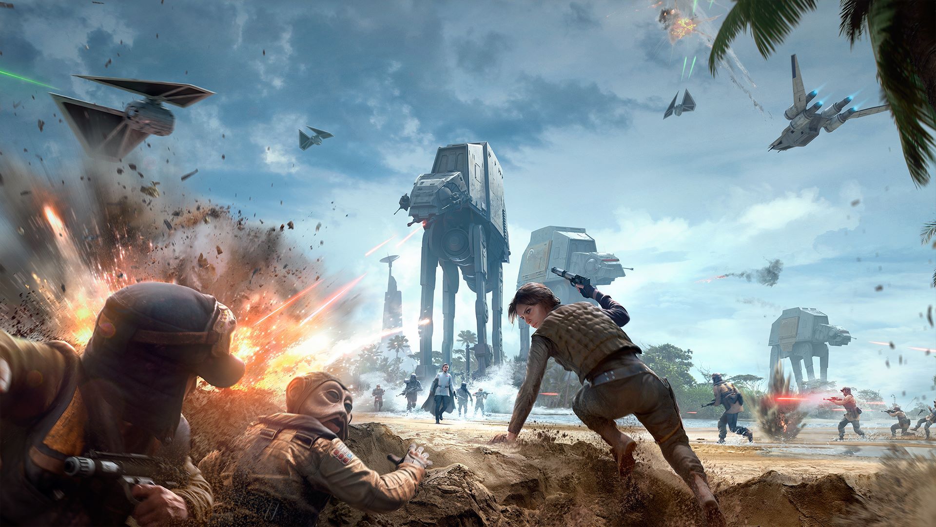 A war scene on Scarif, where rebels in a trench under fire are attacked by AT-ATs in the distance.