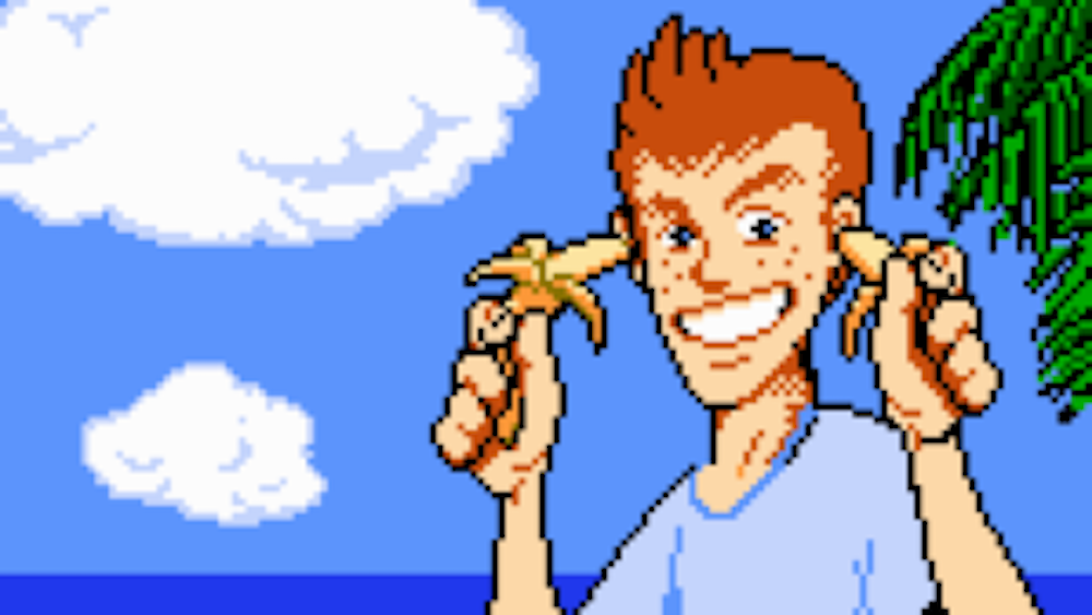 Ending scene from the NES game &quot;Star Tropics&quot;. A picture of the protagonist pulling bananas out of his ears.