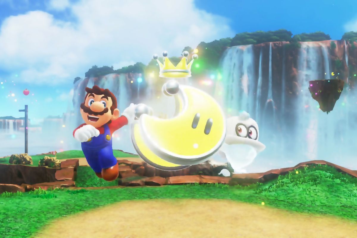 Mario jumping with shining Power Moon against water fall in Super Mario Odyssey