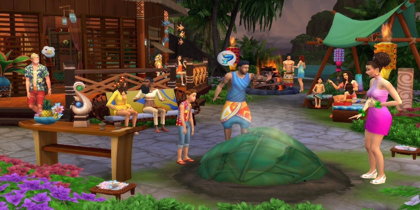 Sims around a firepit cooking food and socialising