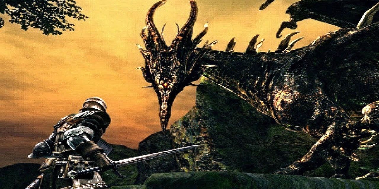 Black Dragon Kalameet staring down the player, who has their sword drawn