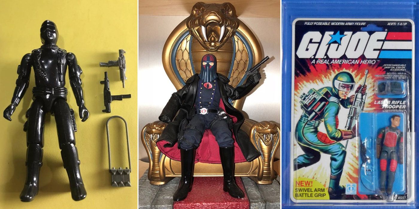 GI Joe action figures: Cobra Commander, Snake Eyes, Laser Rifle Trooper