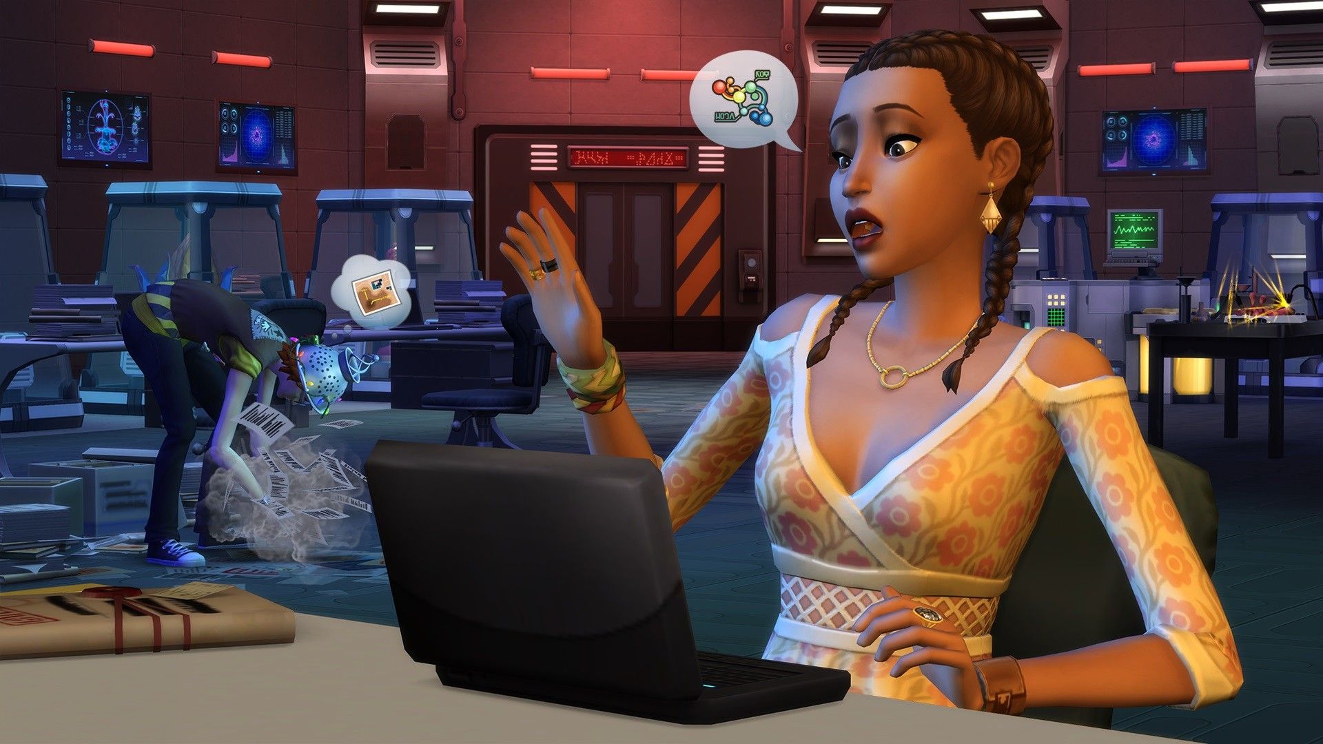 A sim examining a laptop in a creepy lab.