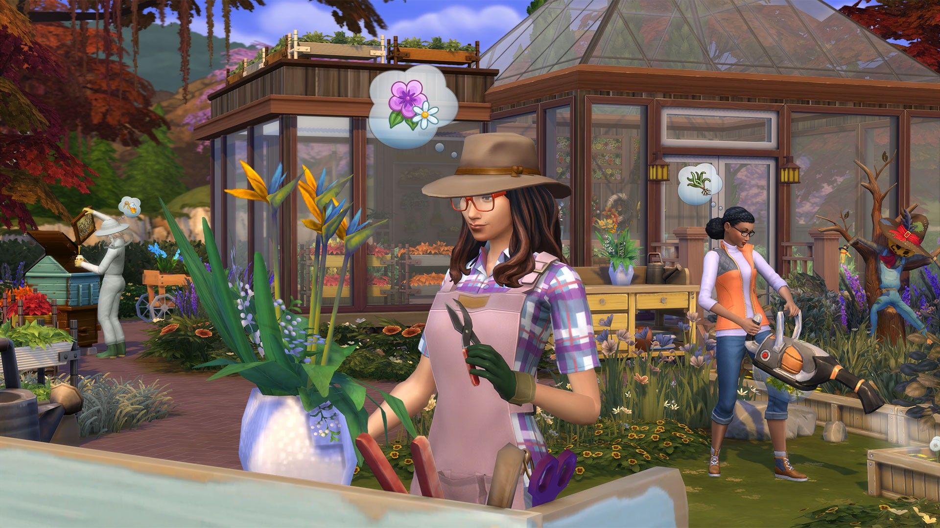 A sim flower arranging with other garden activity behind her.