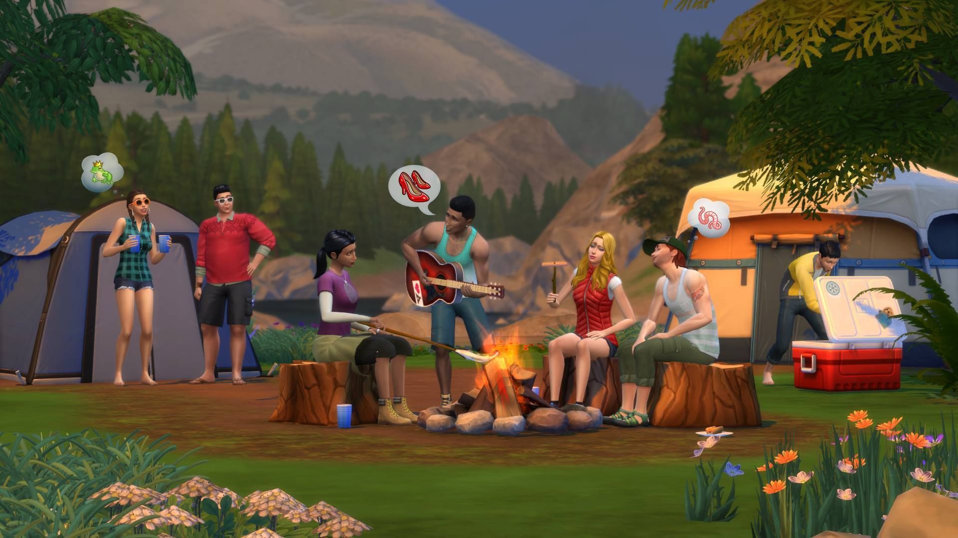 Sims gathering around a campfire