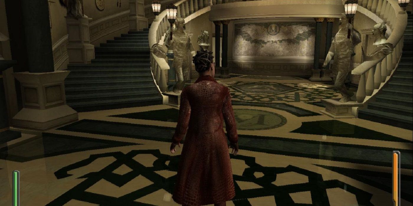 Enter The Matrix: Niobe standing in the entryway of a mansion