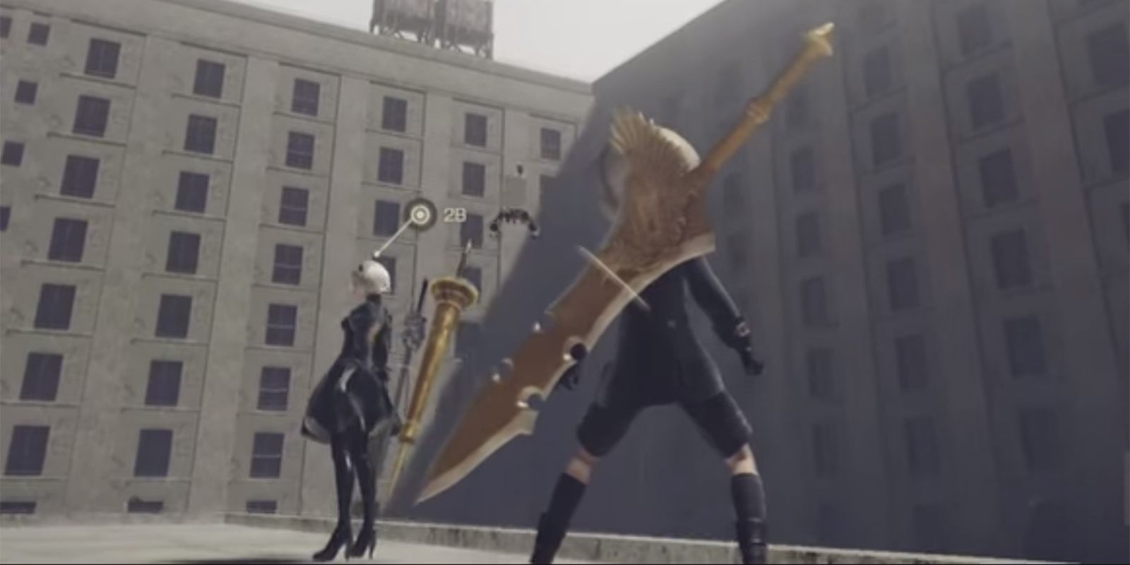 2B and 9S standing on rooftop in City Ruins in Nier Automata