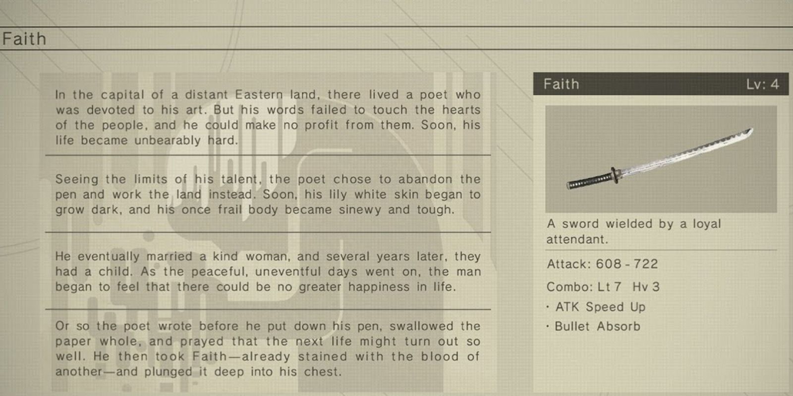 Faith's sword description in menu in Nier Automata