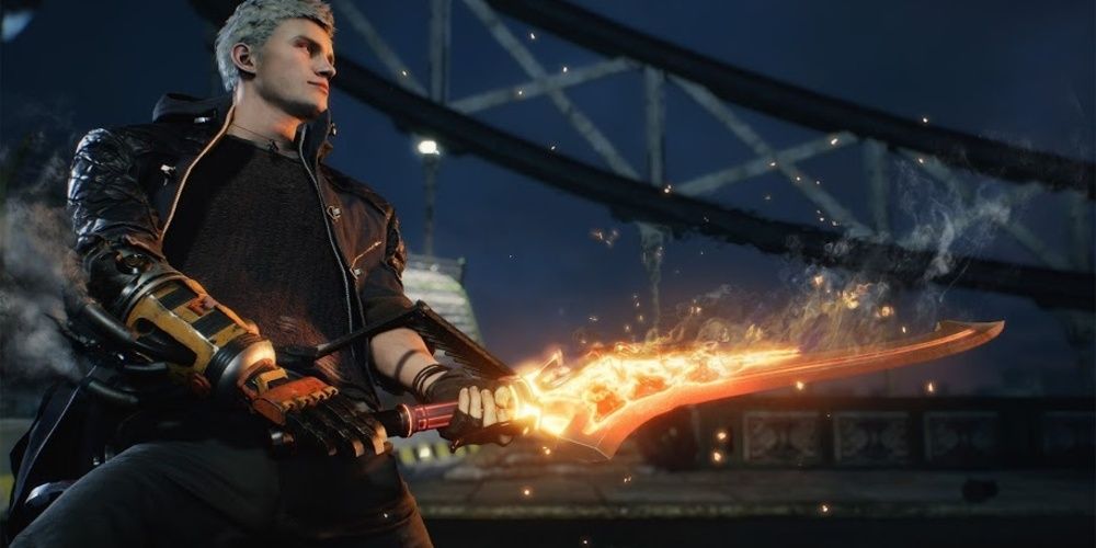 Nero holds a flaming sword in Devil May Cry 5